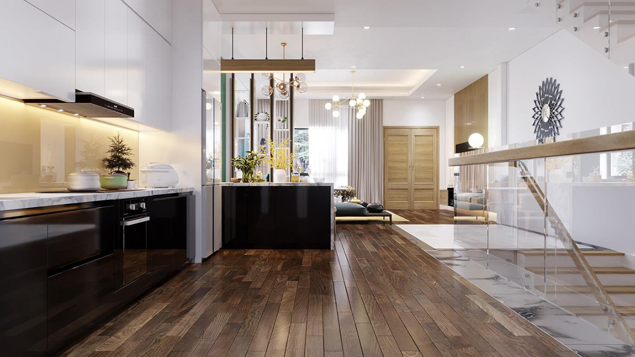 Thiết kế nội thất phòng khách bếp nhà phố