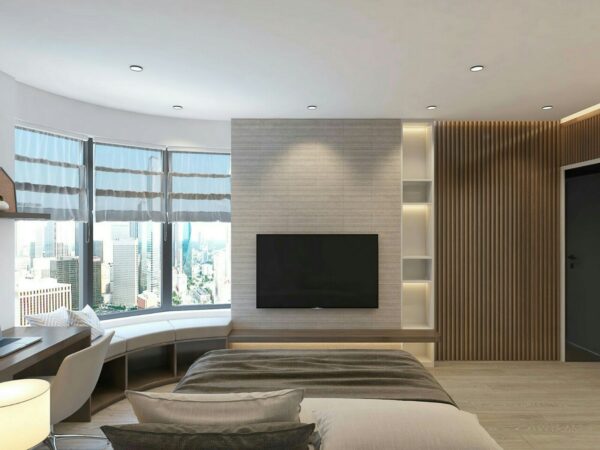 Thiết kế nội thất phòng ngủ hiện đại tiện nghi lam gỗ kết hợp tủ trang trí nối liền bệ cửa sổ